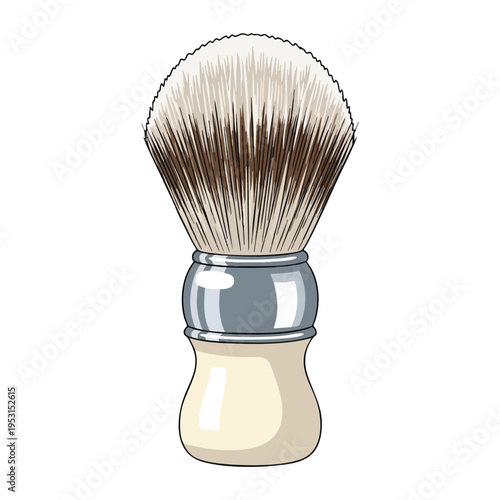 A shaving brush with cream handle and silver band, displaying fine bristles