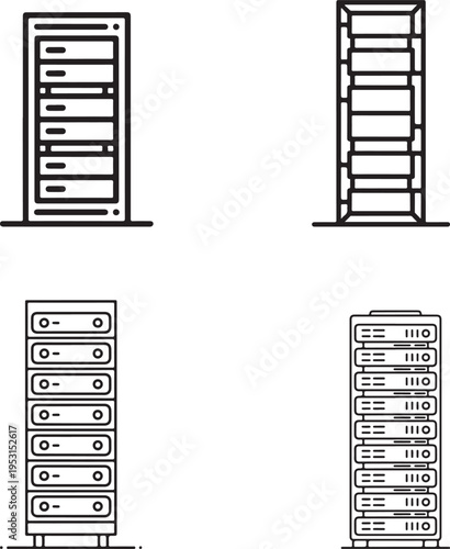 Four distinct black and white line art illustrations showcase server racks and data center network technology equipment for computing infrastructure design