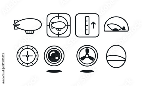 Collection of eight simple line art icons related to aviation and navigation