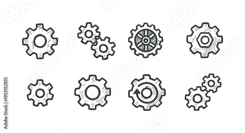 Collection of hand-drawn gear icons representing mechanical parts and engineering concepts