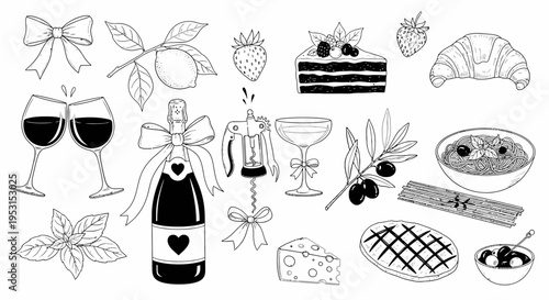 diverse hand-drawn food and drink illustrations featuring gourmet and celebration items for culinary projects and menus.