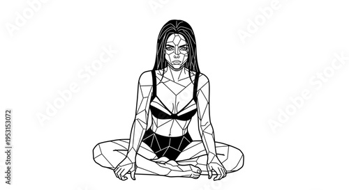 stylized geometric woman meditating in a bikini conceptualizing identity and inner self on white.