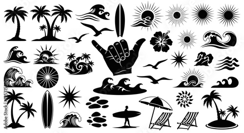 tropical beach and surfing icon set featuring palm trees waves sun and ocean leisure elements for summer holiday designs.