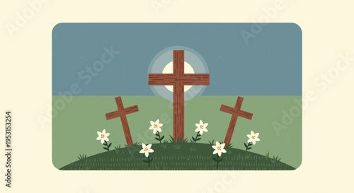 Three wooden crosses stand on a grassy hill with white lilies under a moonlit night sky, framed by a beige border.