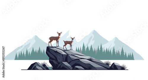 Two spotted deer stand on a dark gray rock formation with a forest and light blue mountains in the background under a pale sky.