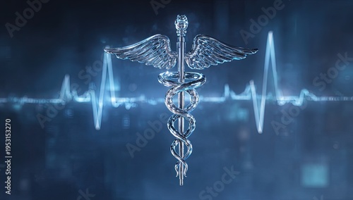 Metallic medical symbol with glowing blue heart monitor waves in background