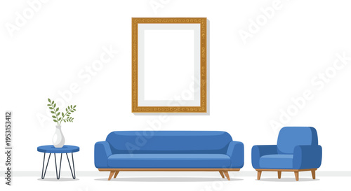 A minimalist living room with a blue sofa, armchair, side table, vase, and an ornate golden picture frame is depicted.