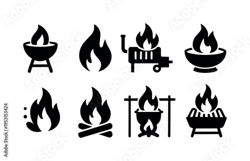 Collection of barbecue and campfire icons with flames and cooking equipment