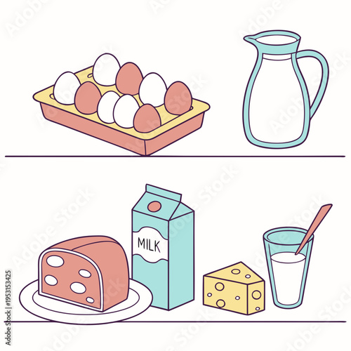 Dairy products set. fresh food including eggs, milk in carton and pitcher, cheese wheel, and block on white background