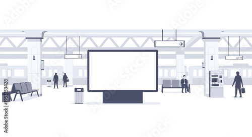 A modern subway station platform with a large blank billboard is depicted with minimalist figures and trains in the background.