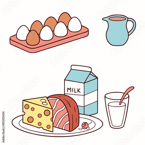 Dairy products set. fresh food including eggs, milk in carton and pitcher, cheese wheel, and sliced ham on white background