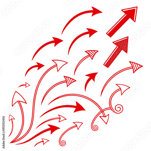 Set of hand drawn red arrows and doodles pointing in various directions arrows curves and swirls indicating movement and direction abstract design elements