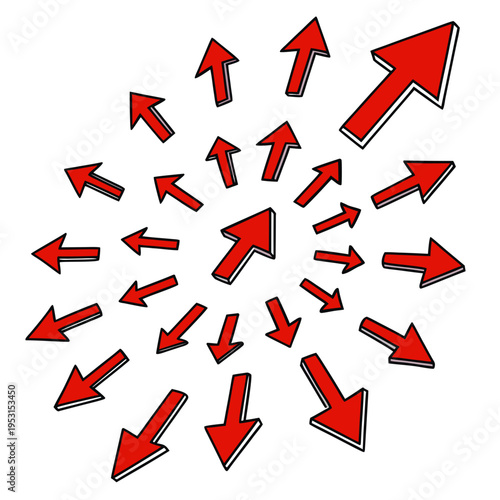 Explosion of red arrows emanating from center outward in all directions signifying choice direction and movement abstract radiating pattern design
