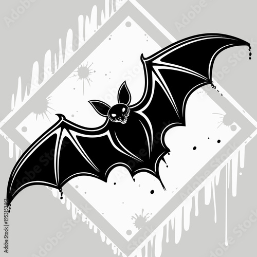 Grungy bat mascot illustration featuring aggressive flying creature over diamond frame with dripping paint and ink splats for edgy apparel design