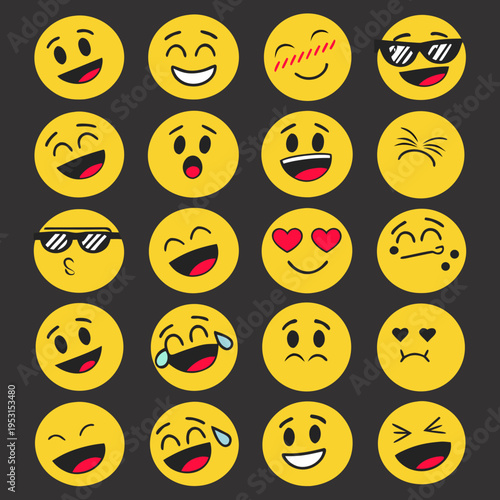 Grid of sixteen yellow smiley face emojis showing diverse emotions such as joy laughter wink sunglasses love and excitement on dark background