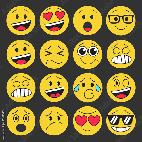 Collection of sixteen yellow smiley face emojis with various expressions like joy laughter surprise glasses love and sadness on dark background
