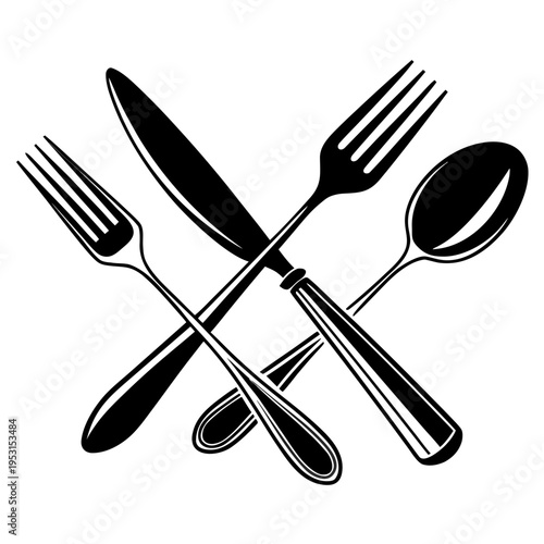 Crossed cutlery set with fork knife and spoon in classic black and white style for restaurant menu design isolated on white background vector icon