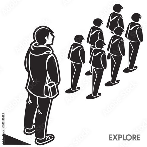 Isometric illustration of person observing group of people waiting in queue on white background representing social behavior and public waiting area