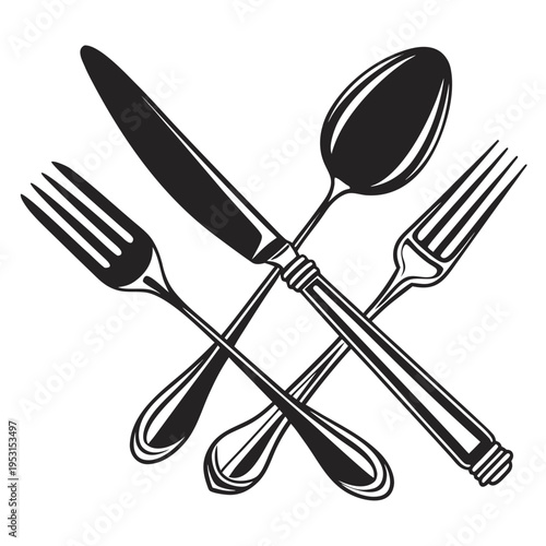 Elegant crossed silverware icon including fork knife and spoon with detailed handles for luxury catering brand and fine dining menu vector graphics
