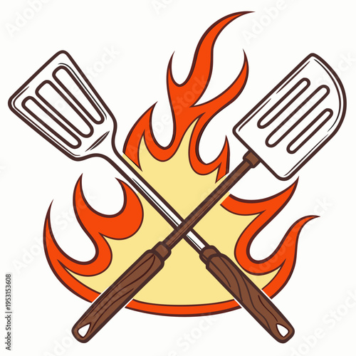 Barbecue grill spatulas crossed over intense fire flames representing gourmet cooking and grilling mastery for outdoor feasts and celebrations