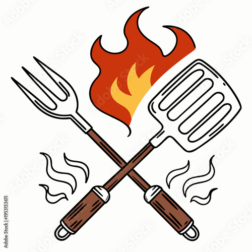 Barbecue grill tools crossed fork and spatula with fire flames symbolizing cooking grilling and outdoor food preparation summer party