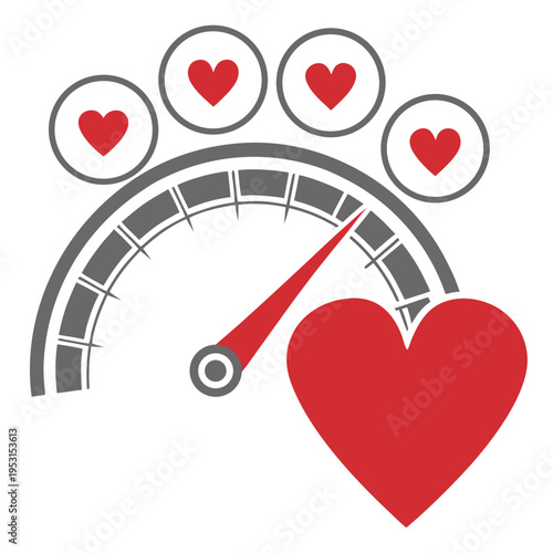 Gauge with a red heart on right and four small hearts above, a red needle indicating high level of love or passion