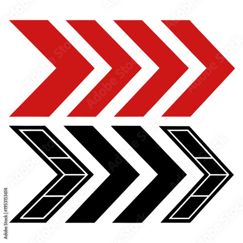 Set of directional chevron arrows in red and black colors indicating movement direction progress speed and forward motion for design elements