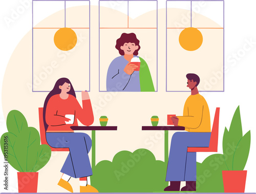 People sitting at tables in a cafe with plants and windows