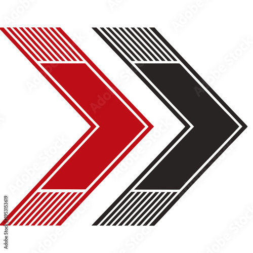 Modern linear arrow design featuring red and black gradient line segments with white outlines for high speed motion concept and corporate branding