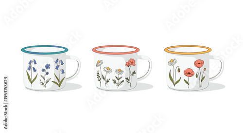 Three white enamel mugs, each with unique colorful floral patterns and distinct colored rims, are arranged in a row.