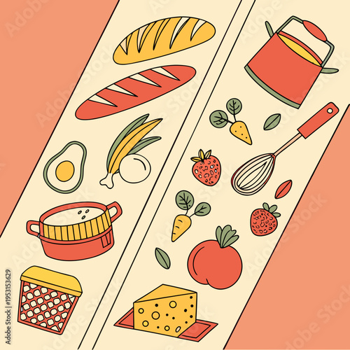 Collection of healthy food items and kitchenware arranged diagonally on a peach background with cream colored slanted lines
