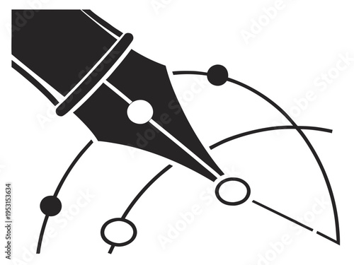 Artistic fountain pen nib illustration with curved lines and circular nodes representing digital design creative process and professional calligraphy