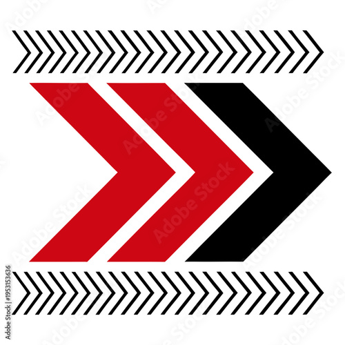 Abstract dynamic arrows with red and black chevrons and pattern borders for speed motion graphic elements isolated on white background for design