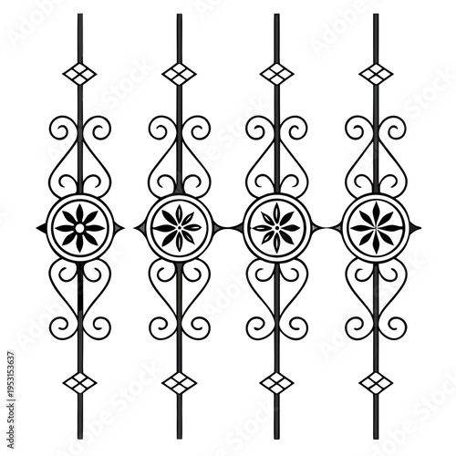 Wrought iron fence pattern design with flowers and scrolls vector illustration isolated on white background