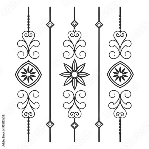Decorative wrought iron fence elements with floral and scroll patterns vector illustration isolated on white