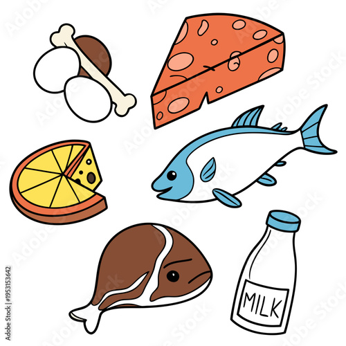 Selection of food items including cheese, fish, eggs, meat, and milk vector illustration on white background