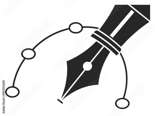 Technical drawing of fountain pen nib with bezier curves and anchor points representing vector illustration tools and creative graphic design art