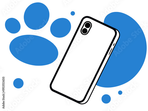 Smartphone mock up with dual camera vector illustration, modern mobile device outline art with blue abstract shapes