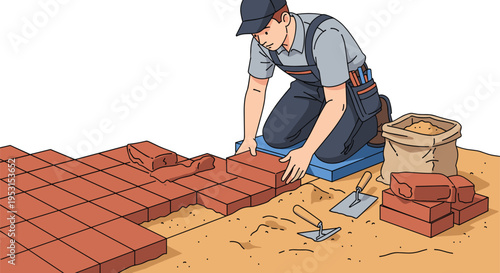 A construction worker wearing a cap and overalls kneels to meticulously lay terracotta paving bricks on a sand bed.