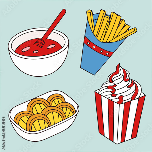 Delicious fast food items including french fries ketchup donut and ice cream sundae served in a light blue background