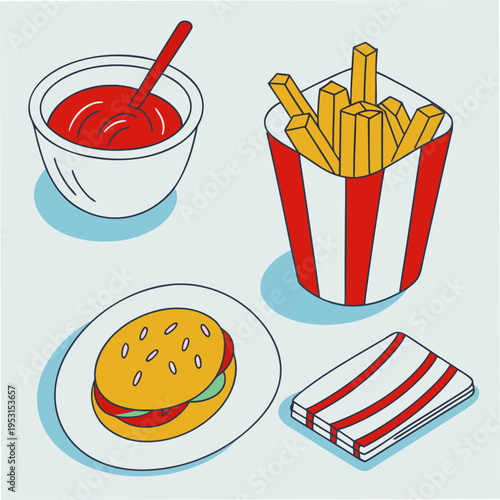 Classic fast food meal with burger fries ketchup and napkins in isometric view on a light blue background