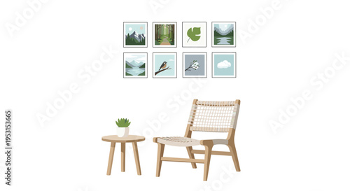 Eight framed minimalist nature art prints are arranged above a light wooden chair and a small side table with a succulent.