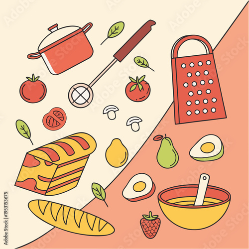 Assorted cooking ingredients and kitchen utensils arranged on a peach and cream colored background with diagonal lines
