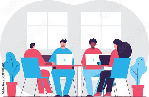 Four diverse people working on laptops at office table