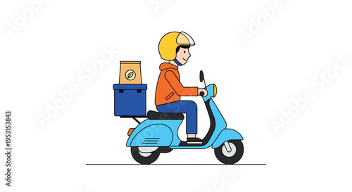 A smiling delivery person rides a light blue scooter with a package and delivery box.