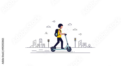 A person wearing a helmet and backpack rides an electric scooter through a minimalist city landscape.