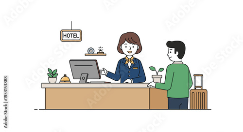 A smiling female receptionist assists a male guest at a hotel reception desk with a computer and plants.