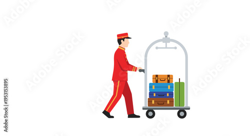 A uniformed bellhop pushes a luggage cart with four suitcases on a clean white background.