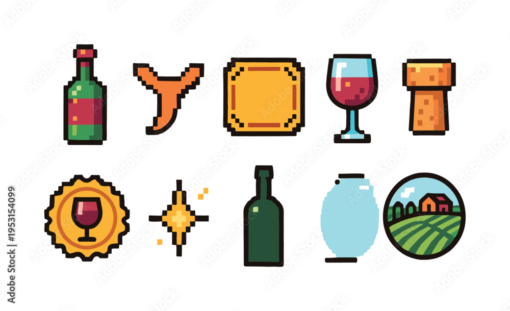 Fototapeta premium Pixel art icons representing wine and vineyard elements for digital design