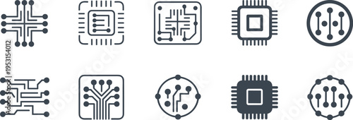 Collection of circuit board and CPU icons on white background